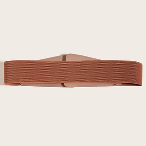 Close-up of elastic reddish-brown wide waist belt with faux leather texture for dresses