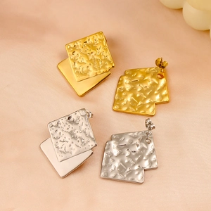 Stainless Steel Stud Earrings Double Layer Geometric Square Hammered Texture Irregular Modern Fashion Jewelry For Women