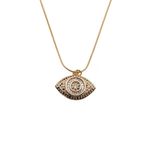 Golden evil eye pendant necklace with colorful cubic zirconia on a minimalist thin chain