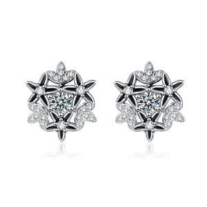 Snowflake Stud Earrings Copper With Black Enamel And Zircon Vintage Elegant Jewelry For Women