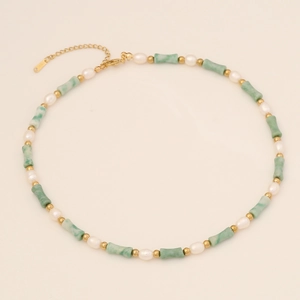 Bamboo style gold necklace with natural green stone and white pearls for women