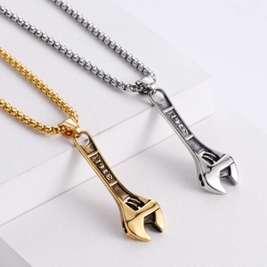 Retro hip hop wrench pendant necklace in gold and silver titanium steel for men and women