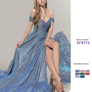Elegantes Pailletten Maxi Kleid Schulterfrei Hoher Schlitz Damen Bankett Abend Party Formeller Anlass Slim Fit