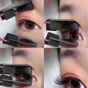 Four-step tutorial showing how to apply magnetic eyelashes with a rose gold applicator tool