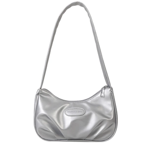 Chic silver metallic pleated underarm bag with minimalist shoulder strap on white background