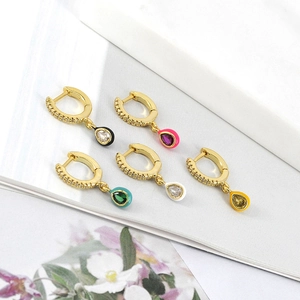 Colorful teardrop zircon hoop earrings set in gold plating with vibrant enamel finish