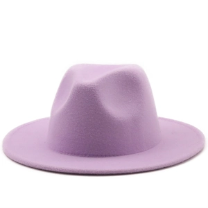 Front view of elegant purple wool felt fedora hat with flat brim and classic jazz style