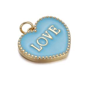 Detailed view of heart-shaped blue enamel charm with gold bead trim and LOVE engraving