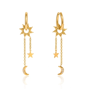 Boucles d'oreilles pendantes étoile et lune en acier doré avec pampille et zircon éclatant