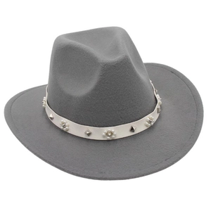Detailed view of a grey felt fedora hat featuring a white band with pearls and studs.