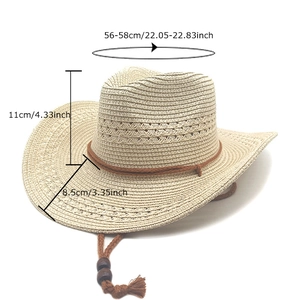 Retro western straw cowboy hat in beige with hollow knit crown and adjustable chin cord