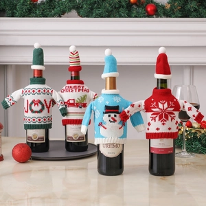 Christmas knitted wine bottle cover set with snowman and truck patterns for festive decor
