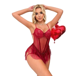 Body sexy en dentelle rouge transparente avec nœud et bretelles réglables