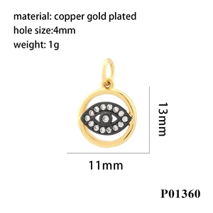 Detailed size specifications for a gold plated evil eye pendant with tiny zircon stones