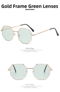 Detail of octagonal gold metal frame sunglasses with translucent green lenses and slim temples