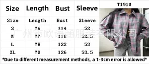 Detailed size guide for plaid long sleeve shirt with bust and length measurements