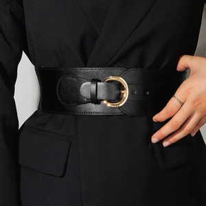Women Wide Corset Belt PU Leather Elastic Waistband Gold Metal Buckle Stretch For Dress Coat Versatile Elegant