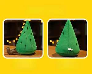 Detail view of pine tree plush toy showing side and back angles with tags