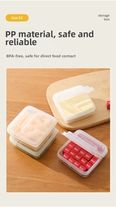 Stack of BPA-free clear PP food storage boxes for cheese and fruit in a kitchen setting