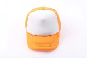 Front view of orange and white trucker hat featuring mesh back and foam front panels