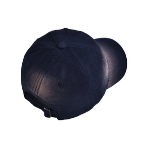 Rear view of navy blue cotton baseball cap with adjustable metal buckle and eyelets