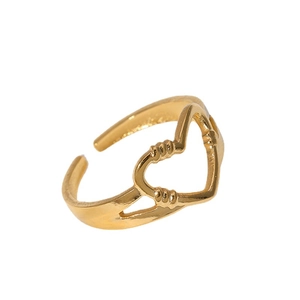 Minimalist gold heart cutout open ring in stainless steel for women with adjustable band