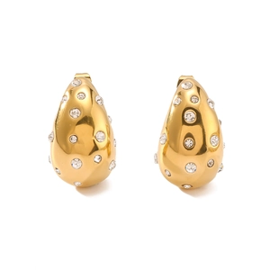 Ins style gold hollow teardrop earrings with crystals in polished stainless steel
