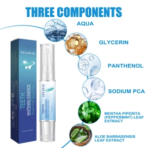 Detail view of EELHOE teeth whitening pen ingredients with aloe and mint extracts