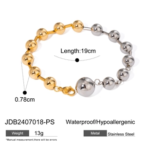 Two-tone beaded stainless steel bracelet with golden and silver beads and lobster clasp
