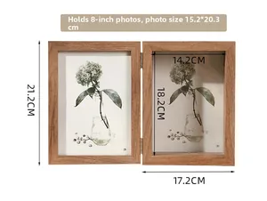 Detailed view of foldable 3D wooden frame showing dimensions and 8-inch photo size details