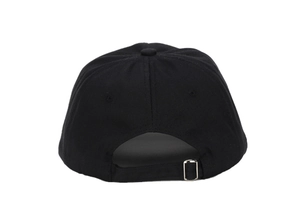 Detail of adjustable silver metal buckle on black cotton baseball cap back view