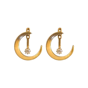 Elegant gold crescent moon earrings with dangling round zircon crystals on a white background