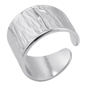 Macro detail of silver wide open ring with irregular hammered texture and adjustable band