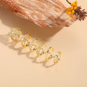 Set of six gold minimalist zircon rings featuring adjustable vintage French style design
