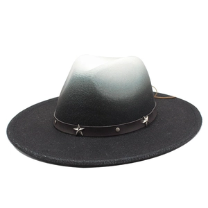 Vintage Gradient Color Block Fedora Hat For Women Men Cotton Woolen Wide Brim Jazz Hat With Star Rivets Leather Band
