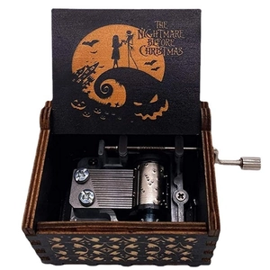Vintage wooden hand-crank music box with Nightmare Before Christmas laser engraving