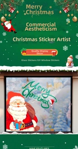Detail of UV printed Santa Claus window stickers with snowflake patterns on glass