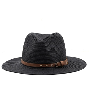 Classic black straw fedora hat with a brown studded leather band for summer sun protection