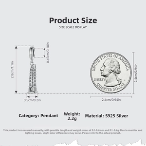 Detailed size display of silver S925 Leaning Tower of Pisa charm next to a coin
