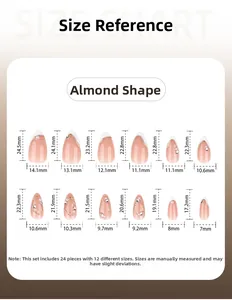 Detailed size chart for 24pcs almond-shaped press-on nails with various dimensions
