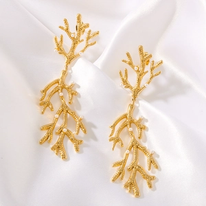 18k gold plated stainless steel coral branch earrings with white pearls on silk