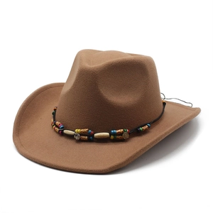 Brown wool felt western cowboy hat with colorful ethnic beaded band decoration