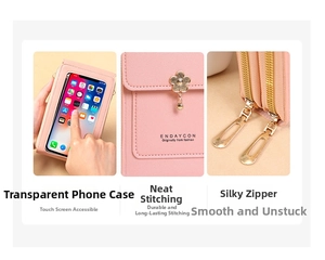 Detail of pink floral crossbody bag featuring touch screen phone pocket and gold charms