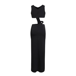 Sexy black sleeveless cutout maxi dress with rhinestones and waist side opening