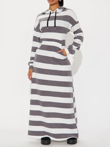 Women Striped Hooded Maxi Dress Long Sleeve Casual Loose Sweatshirt Dress With Drawstring And Kangaroo Pocket