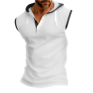 Detail of white hooded vest with black piping and breathable mesh texture for men