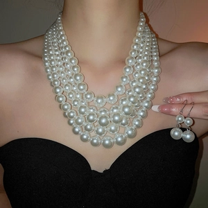 Detail of elegant multi-layer pearl necklace and matching earrings worn by a model