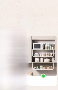 Vertical double-layer hanging rack showing organized storage under a kitchen cabinet shelf