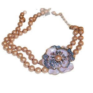 Vintage rose gold pearl necklace with large purple enamel flower pendant and colorful gems