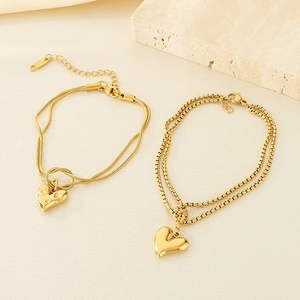 Golden 3D heart charm bracelets with snake and link chains set in stainless steel